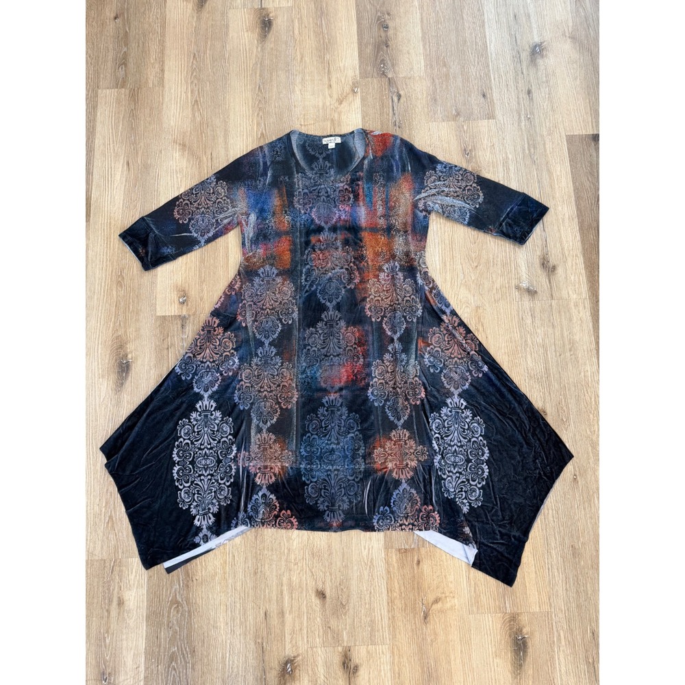 One World Tunic Top Womens 1X Multi Color Sharkbite Damask Print Boho Artsy